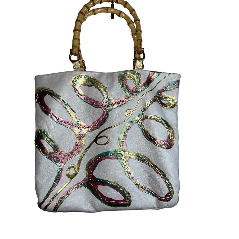 Terry Toni Vintage Womens Tote Bag White Handcrafted Pour Paint Bamboo Handle
